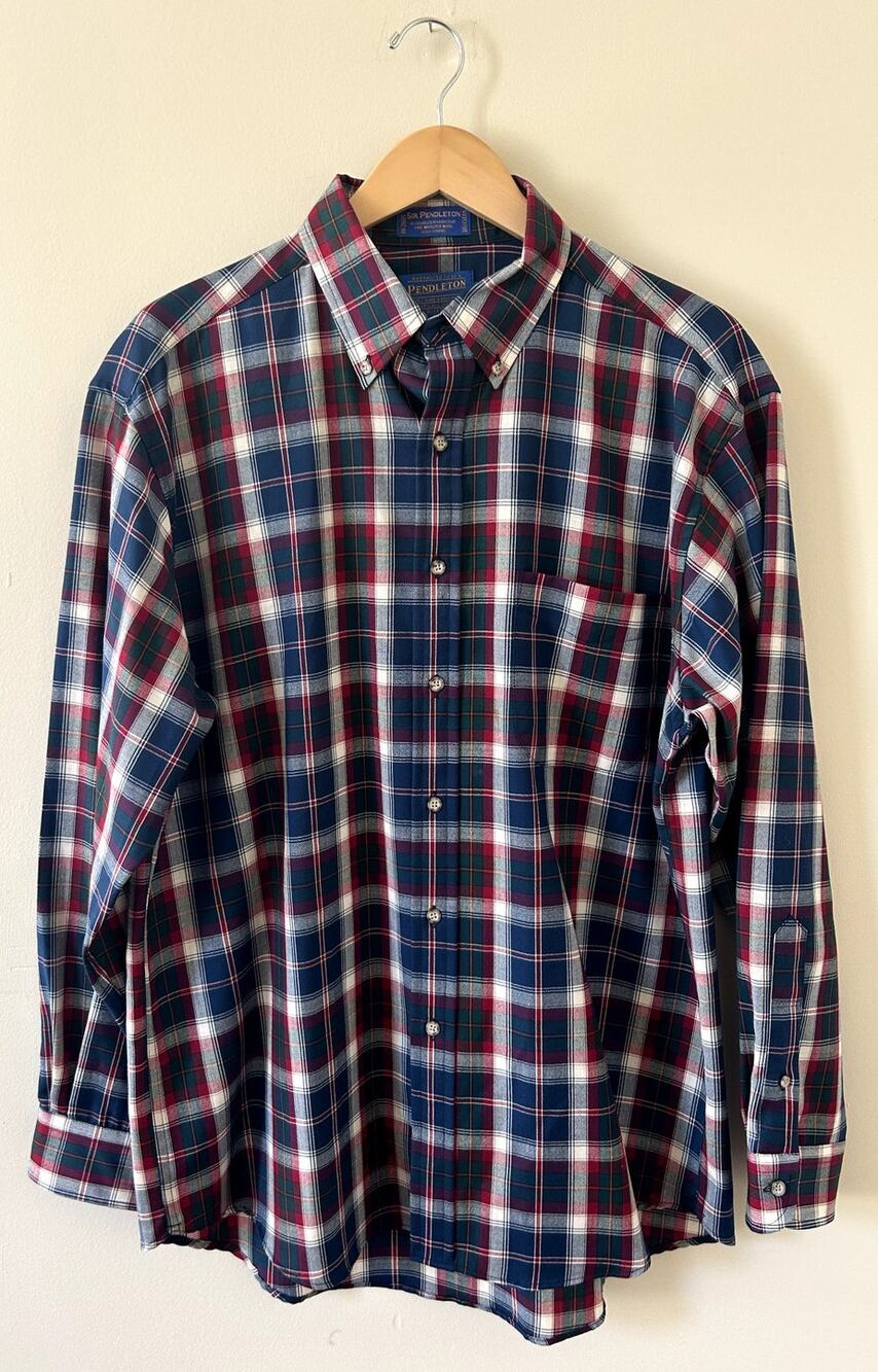 Red White Blue Green Checkered Sir Pendleton 100% Pure Wool Shirt Men's Large